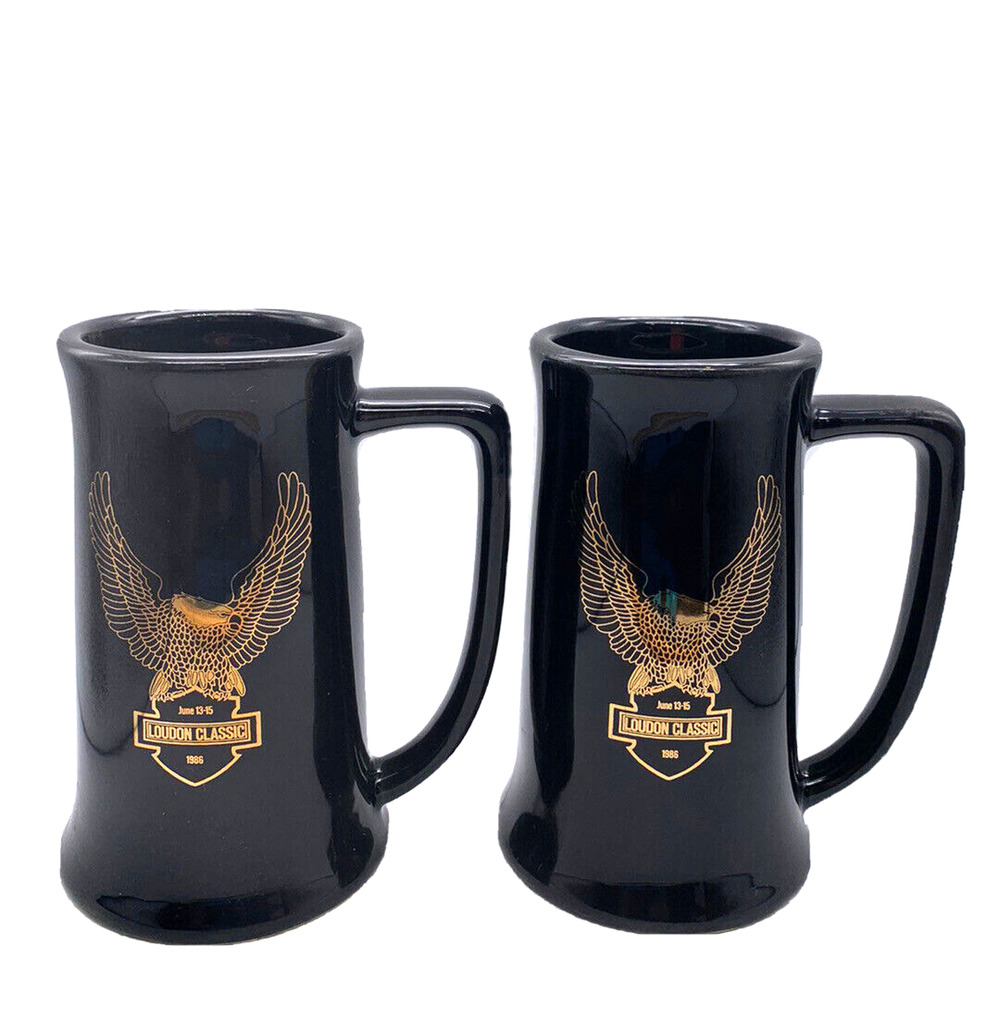 Set 2 Vintage 1986 Loudon Classic Beer Motorcycle Harley Racing Mugs Collectors